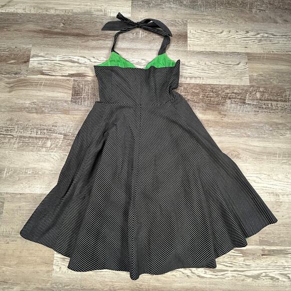 Maeve Black White Stripe Halter Dress Green Lining Cotton Retro 50s Style - Picture 5 of 7